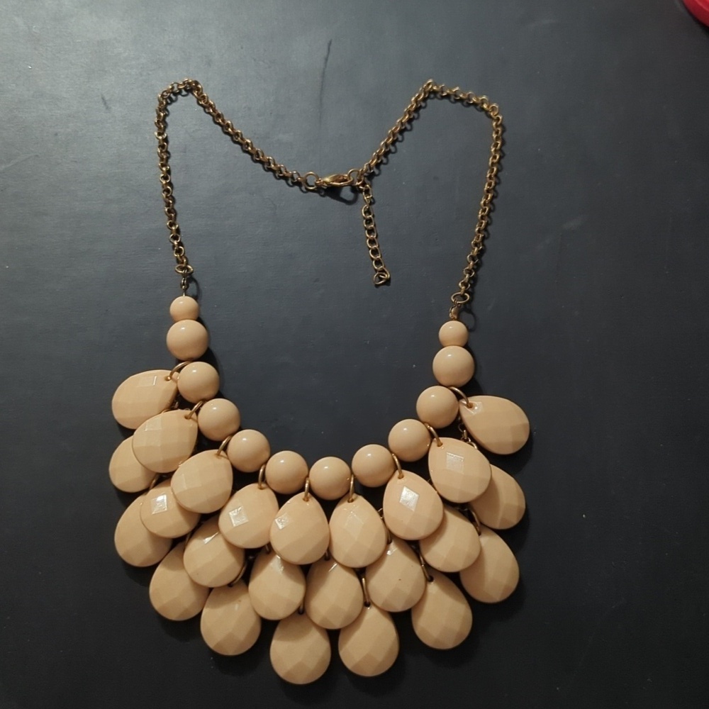 Gold Tone Cream Beaded Faceted Teardrop Bib Style Statement Necklace